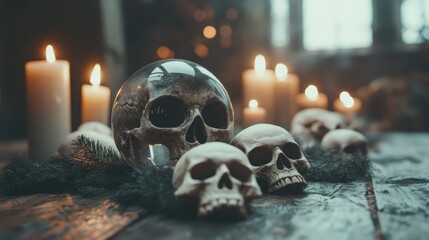 A collection of skulls and candles arranged artistically, creating a mysterious atmosphere. The interplay of light and shadow adds depth to the eerie setting.