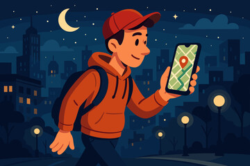 Night city navigation adventure, young man with backpack using smartphone GPS app outdoors, urban exploration, street lights, modern technology, travel direction concept, vector illustration