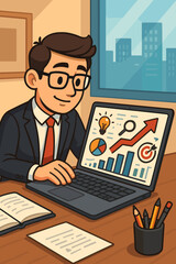 Businessman at office desk planning business growth strategy on a laptop. Entrepreneur analyzing financial data report, charts, and graphs for success. Cartoon vector concept illustration.