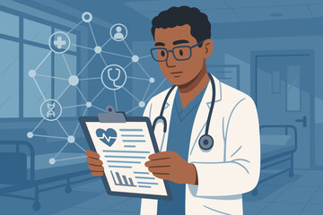 Doctor analyzing medical report data in hospital. Healthcare professional with stethoscope reviewing patient health chart. Digital network connection, modern medicine technology concept vector