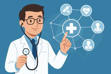 Healthcare technology concept with doctor holding stethoscope interacting with digital medical network icons, virtual health system, telemedicine, digital healthcare innovation vector illustration