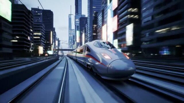 Urban Bullet: An eye-level, dynamic shot captures a high-speed train cutting through a modern city. It exudes speed, efficiency, and the pulse of urban transit. 