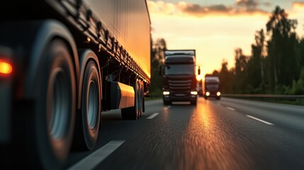 This dynamic image captures trucks speeding along a highway at sunset, illustrating the hustle of transportation and the beauty of nature as day transitions into night.
