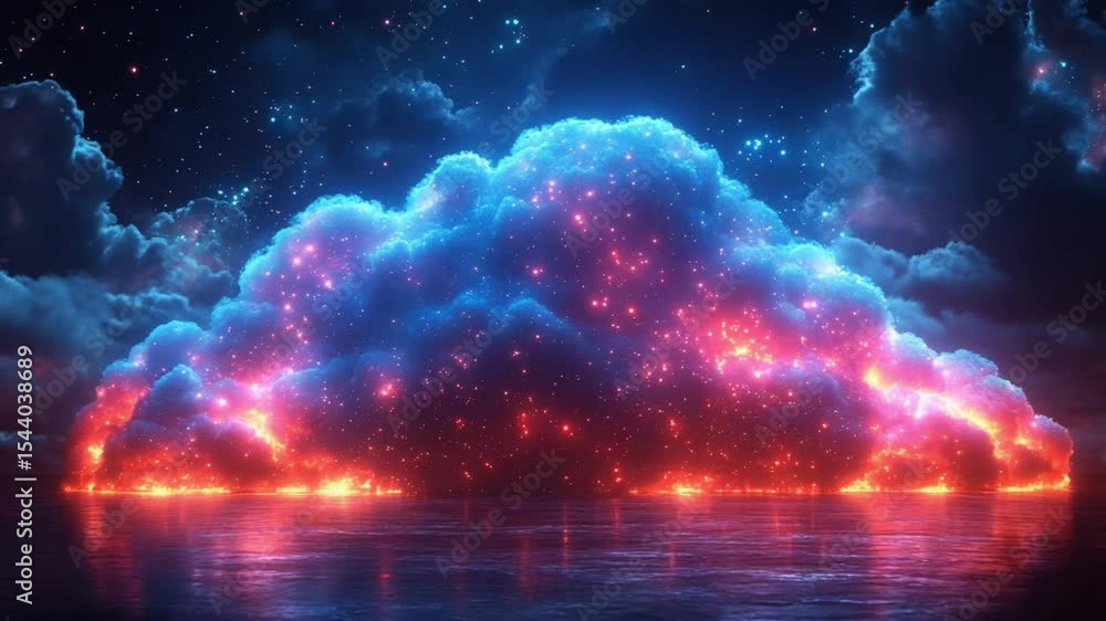 Poster celestial cloudscape: an ethereal, cloud illuminated with vibrant hues of red and blue floats above 