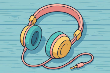 Vintage pastel headphones cartoon. Retro audio equipment with cable on blue wooden background. Nostalgic music device. Colorful earphones vector illustration. Pop art style drawing.