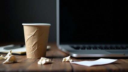 Workspace with coffee cup laptop and crumpled paper