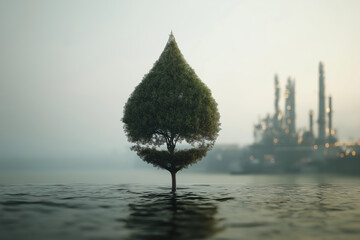 Tree growing in the shape of a water droplet, surrounded by an industrial background and subtle mist.