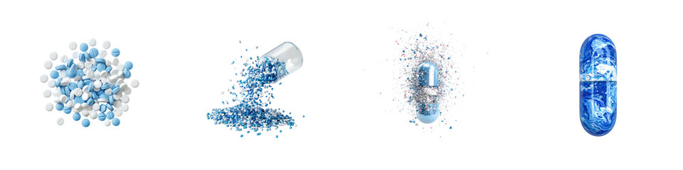 Set of Pharmaceutical Capsule Explosions isolated on transparent background