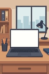 Fototapeta premium Modern laptop with blank screen on wooden office desk in contemporary workspace. Vector illustration of home office interior, desk lamp, window, bookshelf, cityscape. Cozy work environment