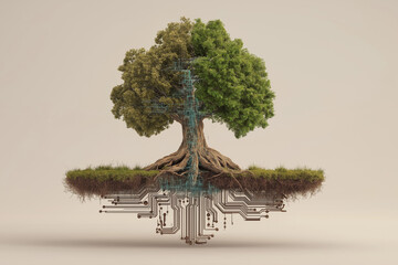 Tree with split roots: one side digital wires, the other growing into soil, symbolizing balance between tech and nature.