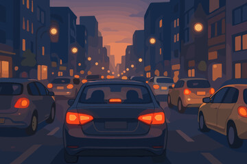 City Traffic Jam at Dusk with Cars&rsquo; Taillights Glowing, Urban Street Scene, Evening Commute, Rear View, Cartoon Vector Illustration, Busy Road, Night Lights, Modern Metropolis Atmosphere