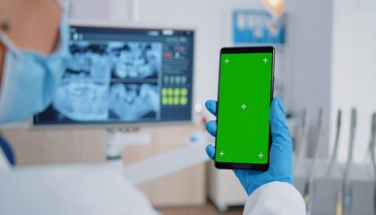 Dentist holding green screen phone.