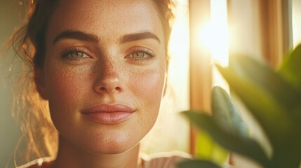 An intimate portrait of a woman gazing thoughtfully into the distance, her face gently illuminated by warm sunlight filtering through a window.