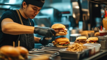 Chef preparing delicious gourmet burgers in a commercial kitchen