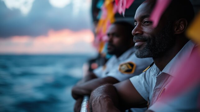 Two sailors relax on a boat, enjoying the beautiful ocean view as they share camaraderie, capturing the essence of adventure, friendship, and the beauty of the sea.