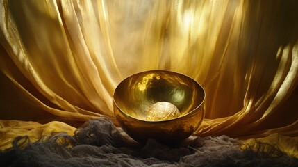 Gold bowl on a bed of flowing gold fabric.