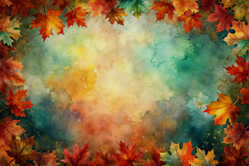 A soft watercolor background with scattered red, orange, and yellow maple leaves around the edges, creating a warm, seasonal frame ideal for fall-themed creative designs.