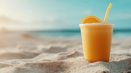A vibrant tropical drink sits invitingly on the sandy beach, reflecting the sunny atmosphere and summertime relaxation, perfect for warm beach getaways.