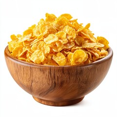 A bowl of cornflakes in a wooden bowl. The cornflakes are golden yellow and look crispy and delicious. The bowl is rustic and adds a touch of warmth to the image.