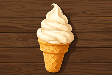 Delicious creamy vanilla soft serve ice cream cone on rustic wooden background, sweet dessert vector illustration, swirled waffle cone summer treat, cartoon dairy snack, no text design