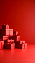 Fototapeta premium Red Gift Boxes Pile with Red Background.