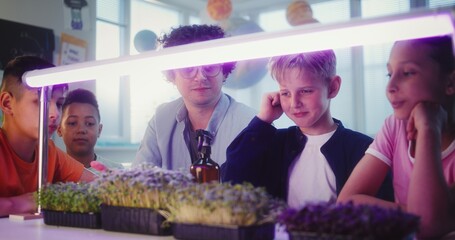 Elementary School Students Sitting at Table, Growing Experimental Microgreens Under Grow Light,...