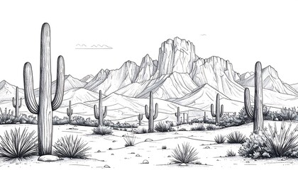 Desert landscape with cacti, and mountains.