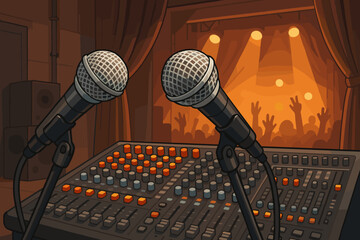 Professional dynamic microphones and audio mixing console on soundboard in concert backstage setting, vector cartoon illustration of live music production and event sound engineering