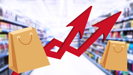 Two red growing up large arrow and shopping bag on blur supermarket background. Bar charts and graphs. Rising product prices. Inflation concept. Grocery store. Global food crisis. Retail industry. CPG