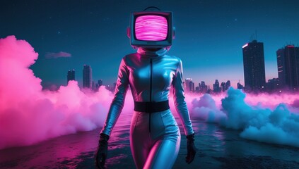 Futuristic Retro TV Head Character in Neon Cityscape, Vaporwave Aesthetic, Creative Concept