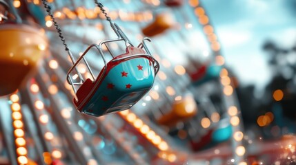 An inviting view of a colorful Ferris wheel seat amidst bright lights and vibrant colors, capturing the essence of joy and excitement at a carnival atmosphere.