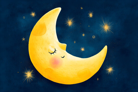 Crescent moon sleeping peacefully in starry night sky