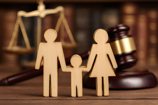 Family law, wooden family figures holding hands near gavel and scales of justice