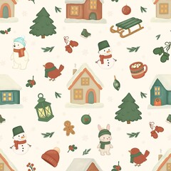 Cute Cozy Winter Christmas Village Seamless Pattern