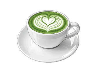 matcha latte art illustration, heart design in a white cup and saucer