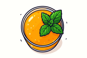 Top view glass of fresh orange juice with mint leaves garnish, vibrant citrus beverage, healthy summer drink, refreshing cartoon vector illustration, clean white background, no text