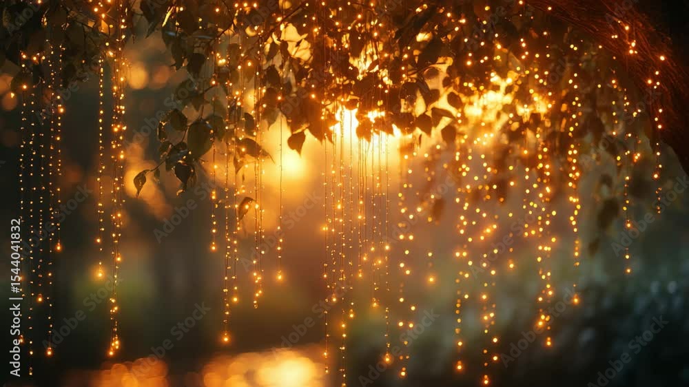 Poster golden light filters through the leaves as enchanting strings of lights hang down by the riverside a