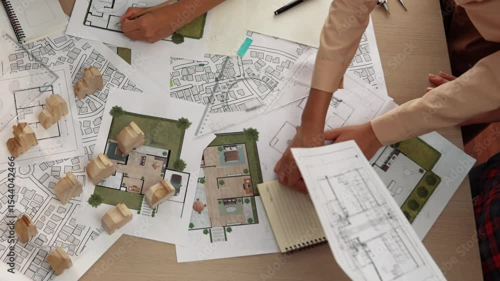 Poster architect and safety engineer discussion about building construction use blueprint on table with arc