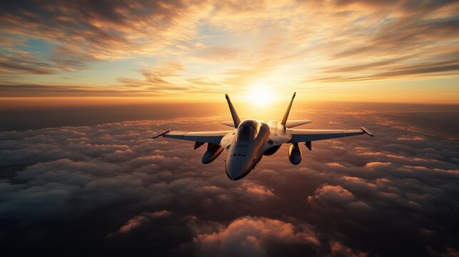 A sleek fighter jet ascends through a mesmerizing sunset sky, showcasing the power of aviation and technology against a backdrop of clouds, embodying freedom and adventure.