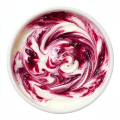 A top-down view of a delicious bowl of creamy yogurt swirled with sweet, vibrant berry compote
