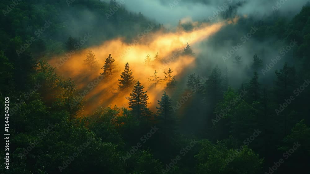 Poster golden rays illuminate a tranquil forest as mist drapes over towering trees, creating an enchanting 