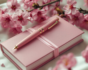 Pink notebook with matching fountain pen and cherry blossoms. Delicate spring-inspired flatlay with soft romantic tones. Ideal for stationery branding, journaling themes, or feminine lifestyle content