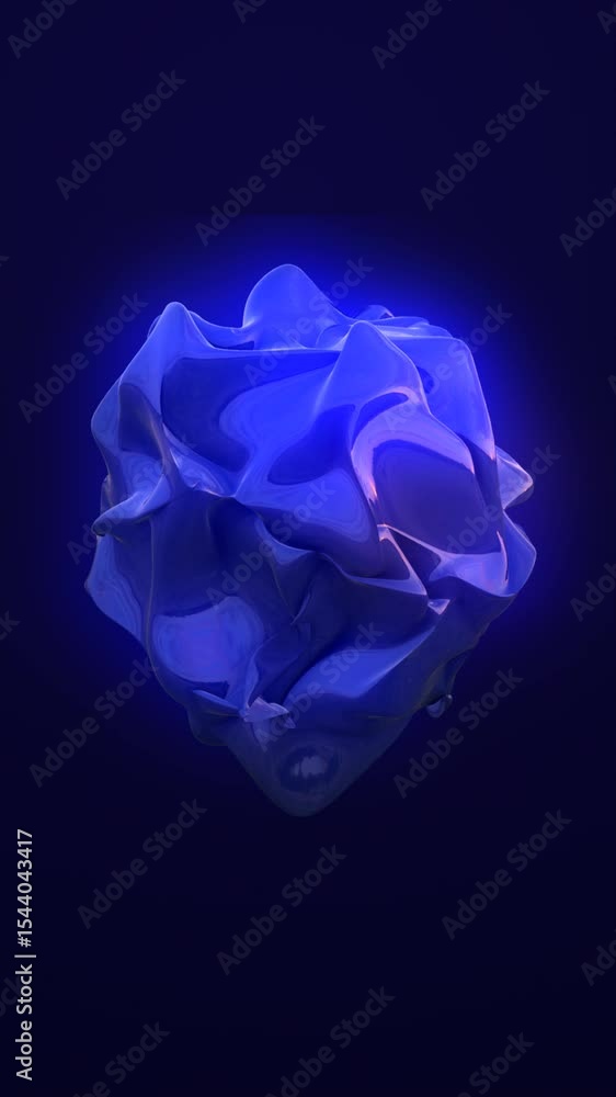 Poster glowing blue organic abstract 3d shape floating in dark space with illuminated surface reflections