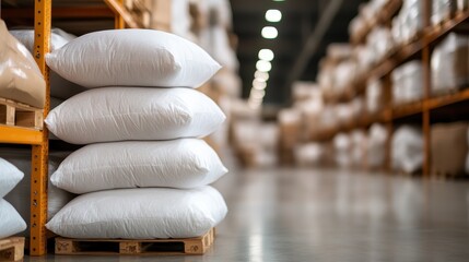 An organized display of white pillows stacked neatly in a warehouse, emphasizing a clean and minimalist approach to storage and product arrangement.