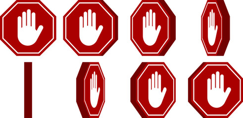 Rotating Red Stop Hand Block Octagon Sign or Adblock or Do Not Enter or Forbidden Icon Sprite Sheet for Game and App UI Animations. Vector Image.