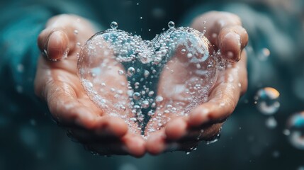 Gently cupped hands cradle a heart-shaped bubble filled with water, symbolizing love, purity, and emotional connection in a beautifully artistic presentation.