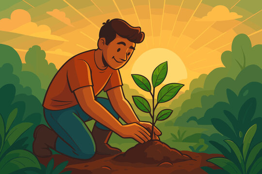 Sunrise planting concept. Man kneeling in soil nurturing young tropical tree. Environmental conservation, earth care, reforestation, growth, green eco lifestyle. Vibrant vector illustration