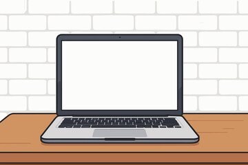 Modern minimalistic workspace with open laptop and blank white screen on wooden table, white brick wall background. Vector cartoon illustration. Home office, remote work, technology concept