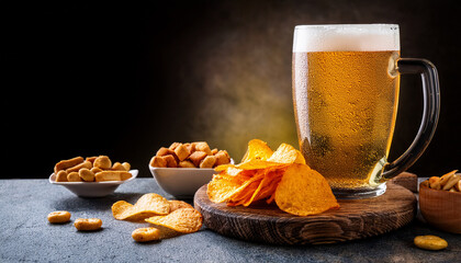 lager beer and snacks on stone table cracker chips side view