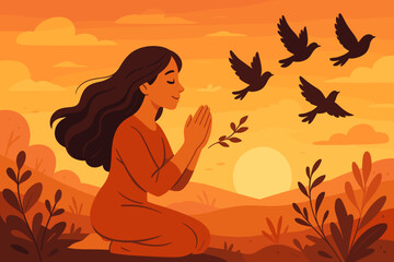 Peaceful woman praying and releasing birds into nature at sunset. A spiritual vector concept of hope, freedom, faith, and new beginnings. Metaphor for letting go and gratitude.